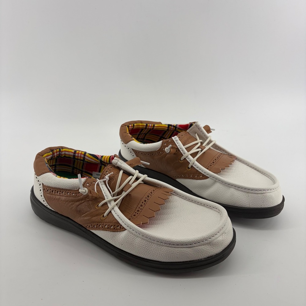 Hey Dude Mens 13 White Brown Wally Golf Caddyshack Kiltie Loafers 43721-11E